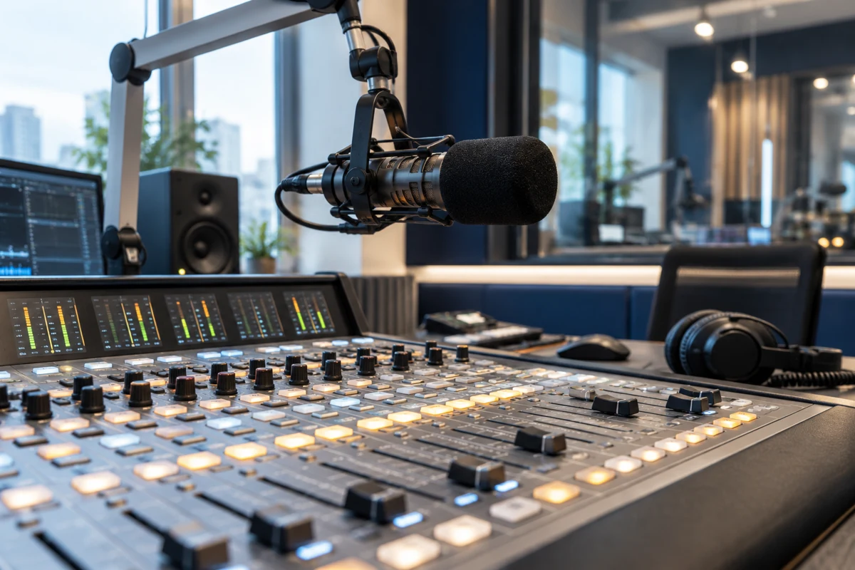 Console de mixage et microphone dans un studio de radio